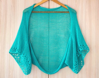 Turquoise short sleeve wrap summer hand knit shrug lace cotton cardigan women crochet sweater lightweight bolero plus size eco vegan outwear