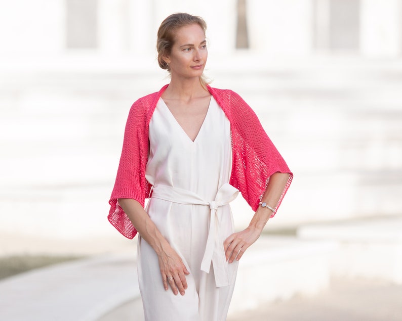 Coprispalle da donna classico bianco con alzata di spalle estiva da sposa, giacca aperta, bolero sciolto per abito da sera, cardigan corto in cotone, abito da sposa trasparente, abbigliamento in maglia immagine 7