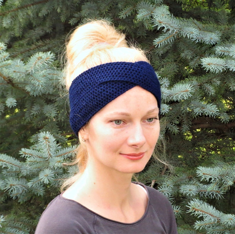 Knit Women Headband Hand Knit Headband Crochet Headband Navy Etsy