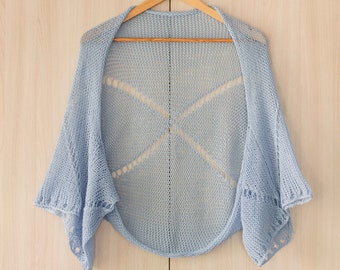 Women summer wrap short cardigan handknit open shrug light blue sweater lace cotton bolero vegan eco organic natural clothing spring coverup