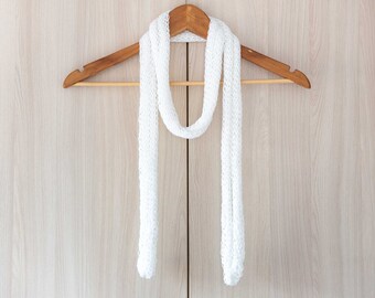 White skinny scarf tie long thin cotton scarf hand knit narrow scarf women summer scarf spring scarf handmade crochet white choker scarf
