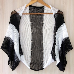 Striped bolero shrug crochet summer cardigan beach cover up lace cotton jacket hand knitted women short sleeve kimono wrap beige ivory cloth Black/White