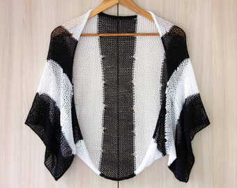 Striped black white cardigan women crop shrug summer cotton jacket lightweight bolero knit crochet sweater open front bamboo wrap plus size