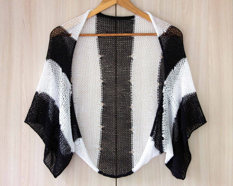 Striped bolero shrug crochet summer cardigan beach cover up lace cotton jacket hand knitted women short sleeve kimono wrap beige ivory cloth Black/White