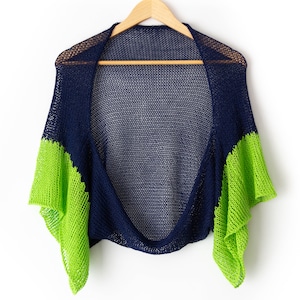 Loose bright cardigan, navy blue shrug with lime green cuffs, lace summer cotton bolero womens lighweight open crop sweater hand knit short image 1