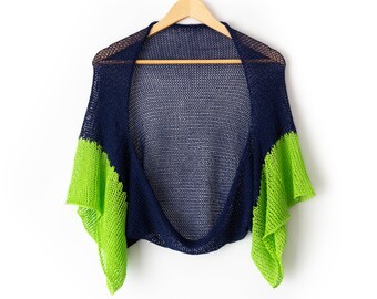 Loose bright cardigan, navy blue shrug with lime green cuffs, lace summer cotton bolero womens lighweight open crop sweater hand knit short