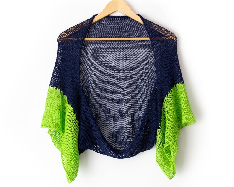 Loose bright cardigan, navy blue shrug with lime green cuffs, lace summer cotton bolero womens lighweight open crop sweater hand knit short image 1