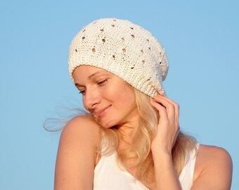 Cotton beanie hat summer accessories cotton clothing womens white hat knit hat bohemian hat bohemian wedding hat hippie clothes chemo beanie