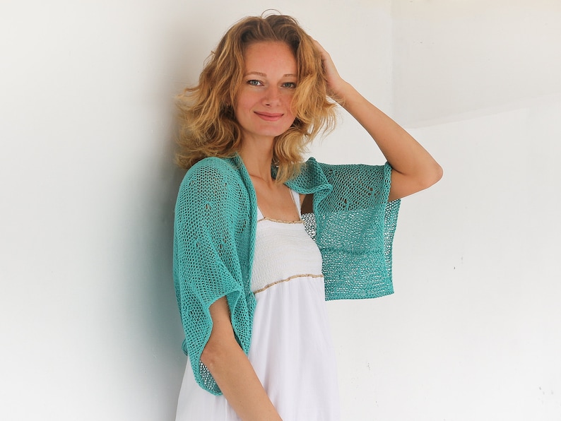 Turquoise shrug bolero hand knit bolero sweater short sleeve bolero plus size women shrug cotton knitted sweater shrug kimono summer shrug image 1