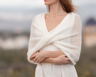 Bridal infinity wrap knit mohair cape handmade crochet cover up wedding Off White capelet winter fall autumn coverup bridesmaid shawl knit