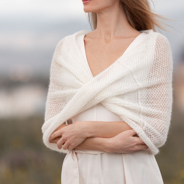 Bridal infinity wrap knit mohair cape handmade crochet cover up wedding Off White capelet winter fall autumn coverup bridesmaid shawl knit