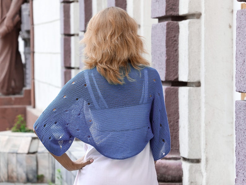 Jeans blue open shrug for women knit bolero jacket summer cardigan loose fit cotton cropped sweater handmade sheer clothing lightweight eco image 3
