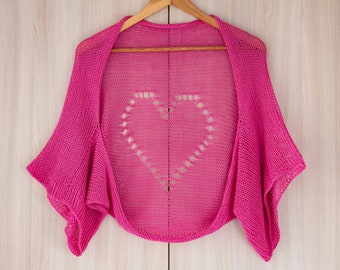 ALL SIZES heather pink crop cardigan knitted open front shrug women summer bolero fuchsia heart sweater eco organic cotton wrap small large