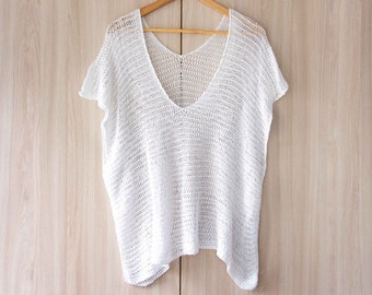 Beach loose top summer cotton shirt hand knit summer top white beach top women beach cover up v neck tunic swimsuit coverup women long top