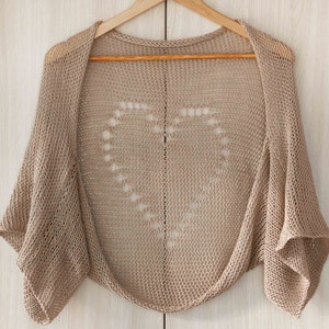 Summer short cardigan handmade organic cotton shrug hand knit sweater crop handknit bolero lightweight heart jacket sheer bolero loose open