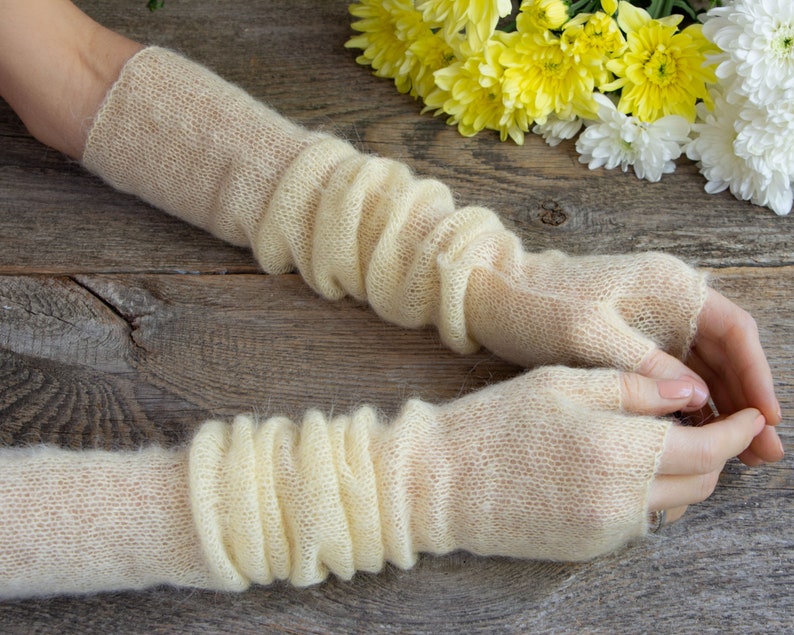White Mohair Gloves Elbow Length Gloves Long Fingerless Gloves Etsy