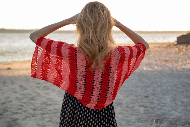 Summer lace shrug hand knit bolero women cotton cardigan lightweight sweater striped green lime short jacket handmade crochet accessory boho image 7