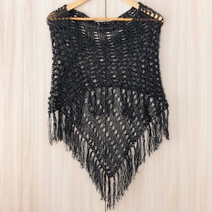 Knit summer fringe poncho black women cape shrug lightweight boho chic wrap hippie style tassels coverup bohemian crochet top