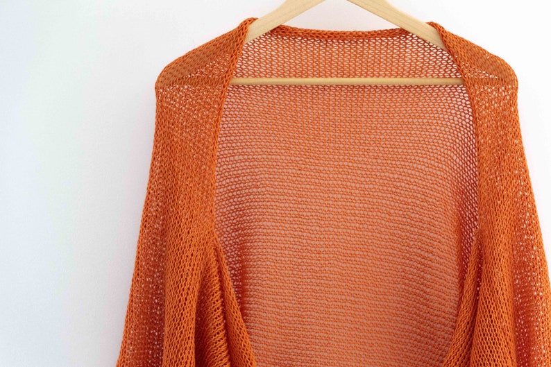 Orange open cardigan summer knitted shrug crochet sheer bolero lace cotton sweater women beach shrug plus size wrap coverup handmade jacket image 2