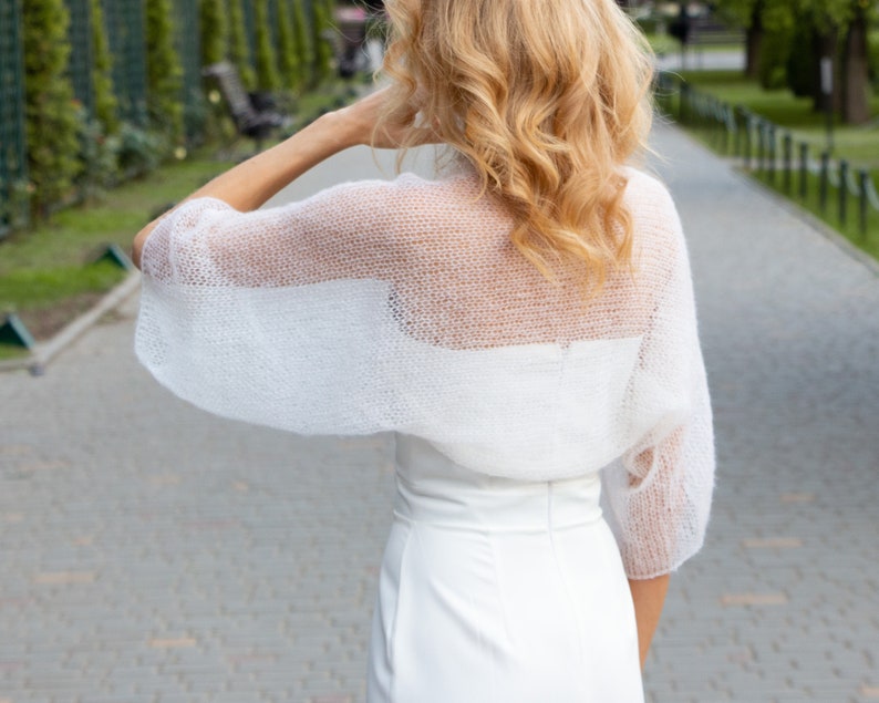 Bridal mohair shrug women crochet bolero summer bride cardigan knit ivory bridal wrap winter wedding coverup bridesmaid cover up lightweight image 9