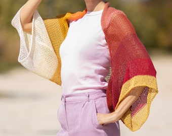 Summer lightweight cardigan loose knit shrug plus size bolero handmade crochet sweater women open shrug cotton asymmetric ombre multicolor