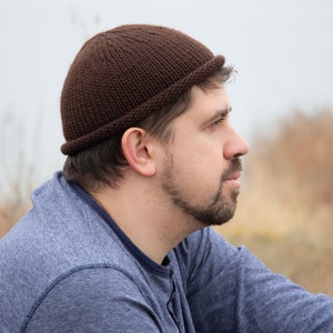 Gorro curto de malha masculino gorro de pescador chapéu de malha de lã gorro de lã marrom chocolate gorro de inverno chapéu de aba de rolo chapéu de traineira de malha