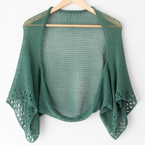 Bottle green shrug Lightweight cotton open kimono sweater cardigan women knitted crochet bolero jacket summer handmade lace arm cover up