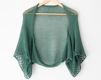 Haussement d'épaules vert bouteille kimono ouvert en coton léger pull cardigan femme tricoté au crochet boléro d'été dentelle fait main couvre-bras