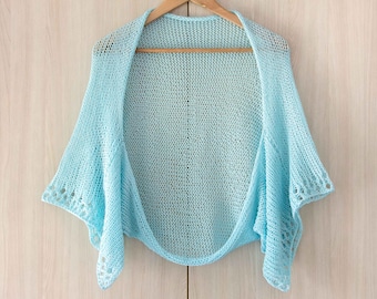 Summer blue shrug evening or sun protection clothing handmade knit crochet jacket loose plus size open cardigan sweater wedding lace bolero