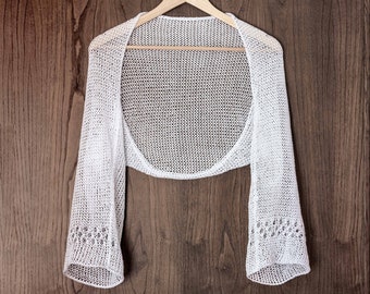 Langärmliger Bolero, weißer Sommer-Bolero aus Bio-Baumwolle, Damen-Spitzenstrick, Boho, leichte Strickjacke, kurze Jacke, handgestrickter offener Pullover