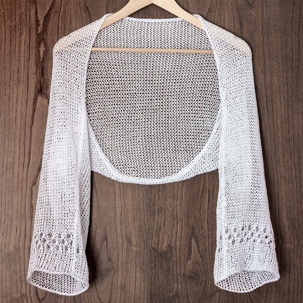 Long sleeve bolero white summer organic cotton shrug womens lace knitwear boho light weight cardigan cropped jacket hand knit open sweater