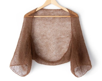 Air mohair shrug Color - Chocolate brown knitted open sweater handmade crop short cardigan wedding bolero women jacket loose sheer bolero