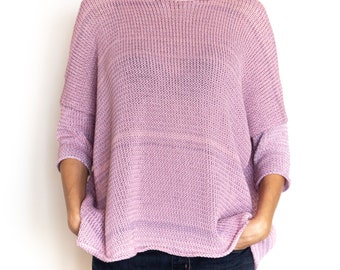 Knit cotton pullover striped purple pink crop sweater loose summer tee t shirt crew neck short sleeve jumper women wide top oversize crochet