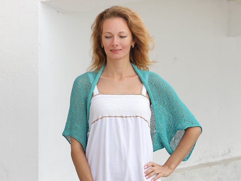 Turquoise Shrug Bolero Hand Knit Bolero Sweater Short Sleeve Bolero ...