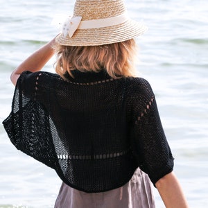 Black bolero shrug knit cotton cardigan women summer jacket made in Spain beach crochet hand knitted shoulder cover up loose sheer sweater image 1