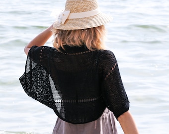 Gilet boléro noir en tricot de coton pour femme, veste d'été pour femme fabriquée en Espagne, plage au crochet, épaule tricotée à la main, pull transparent ample