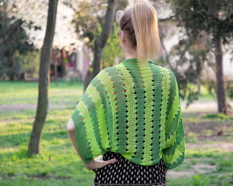 Summer lace shrug hand knit bolero women cotton cardigan lightweight sweater striped green lime short jacket handmade crochet accessory boho Green-Apple Green