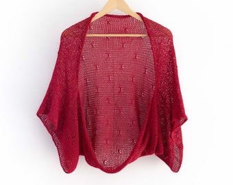 Dark red knit bolero Size L,XL,XXL lace jacket summer crochet shrug women cotton sweater wedding cover up bridal loose cardigan open kimono