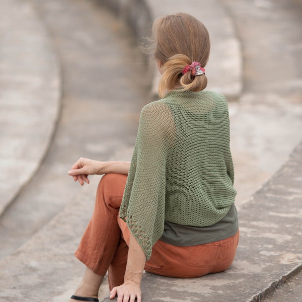 Boléro en tricot vert mousse pour femme, boléro d'été ample au crochet, cardigan en coton, pull léger bohème hippie fabriqué à la main en Espagne