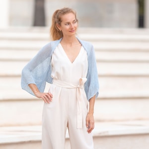 Summer bridal shrug ice blue cotton jacket open front bolero light sweater something blue for bride cover up women lightweight loose coverup image 2