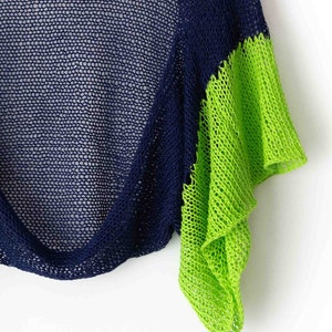 Loose bright cardigan, navy blue shrug with lime green cuffs, lace summer cotton bolero womens lighweight open crop sweater hand knit short image 3