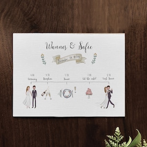 CALENDRIER DU MARIAGE | Chronologie à imprimer avec portrait de mariage, chronologie, chronologie du jour du mariage, itinéraire de mariage, illustration de la chronologie personnalisée