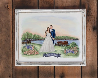 Wedding gift, custom wedding portrait, wedding illustration, bride and groom illustration, wedding dress illustration, couple portrait