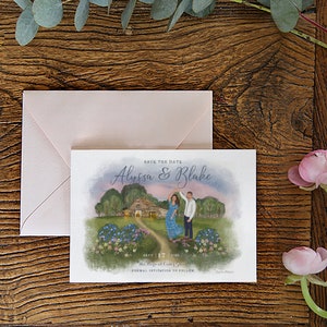 LANDSCHAP VOLLEDIG LOCATIE | Custom Save the Date-paar - paarillustratie - Save The Date-kaart - bruiloftsuitnodiging - aangepaste bruiloftsuitnodiging