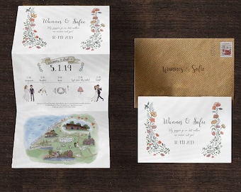 Custom Wedding Invitation, Floral Wedding, Tri Fold Wedding Invites, Wedding Invite, Illustrated Map, Wedding Map, Wedding Timeline, Wedding