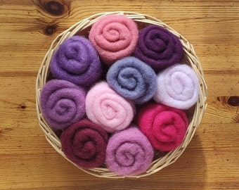 Purple and Pink Palette, 10 Shades, Carded Felting Wool, Eco Lambswool