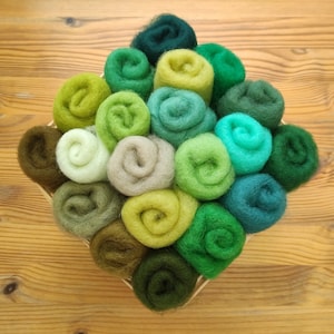 20 Color Assortment, Green Palette, Carded Lambswool, Eco Felting Wool