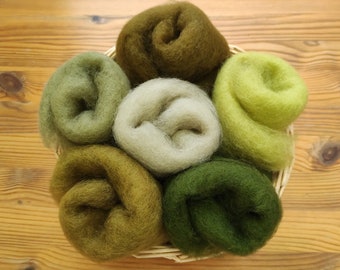 Olive Green Set, 6 Shades, Carded Lambswool, Eco Felting Wool