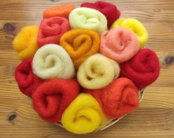 15 Color Assortment, Red, Orange, Yellow, Carded Lambswool, Eco Felting Wool
