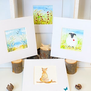 Cartes d’art peintes à la main miniatures, anniversaire, fête des mères, bestie, cartes de vœux chats amoureux des chats, côte, art ovin, peint à la main